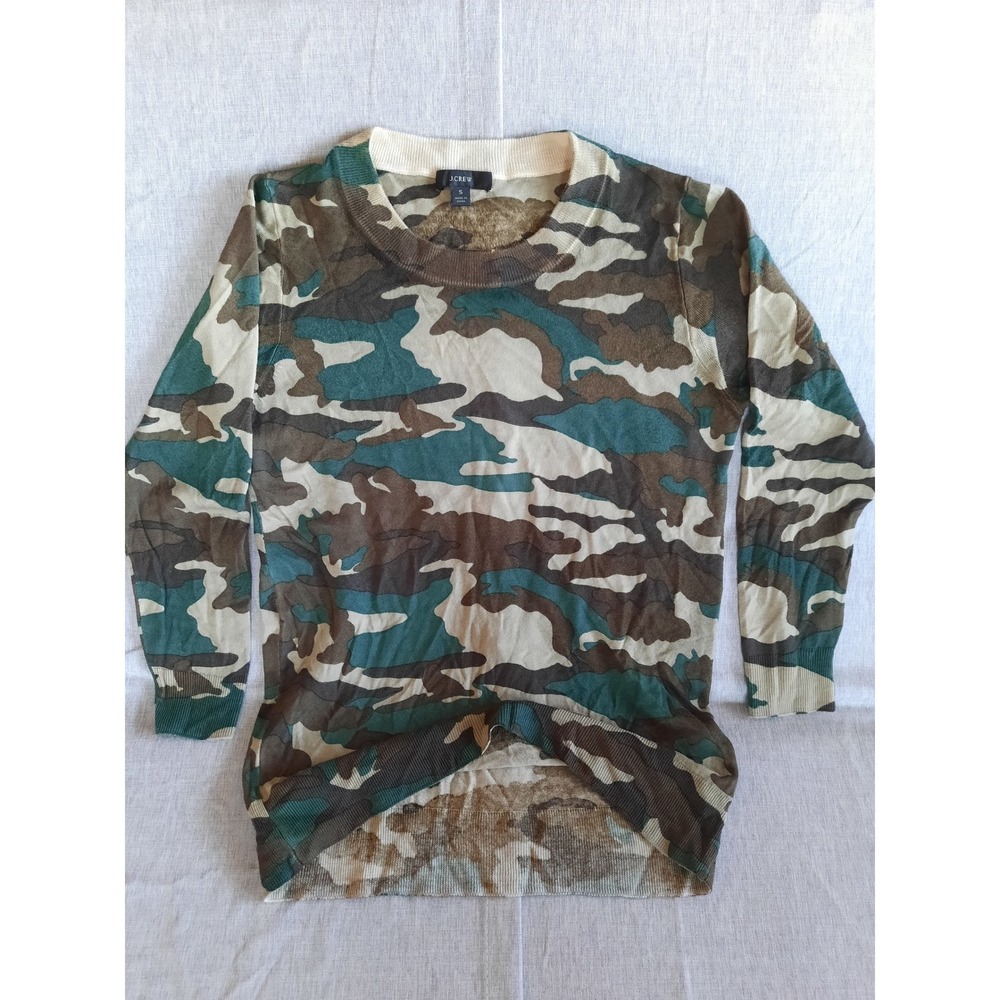 J. Crew Women Small Camo Knit Sweater LS Stretch Waistband Merino Wool ArmyGreen